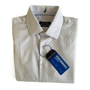Nautica Dress Shirt Men's 14-14.5 32/33 Performance Slim Fit White Blue Dot NEW